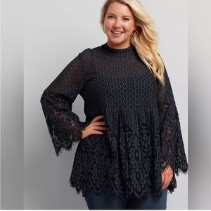 Lane Bryant Green Black Lace Bell Sleeve Mock Neck Top 20